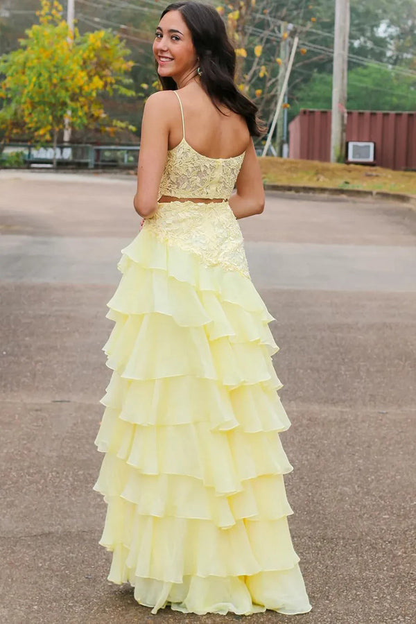 Spaghetti Straps A-Line Layered Yellow Prom Dress with Slit