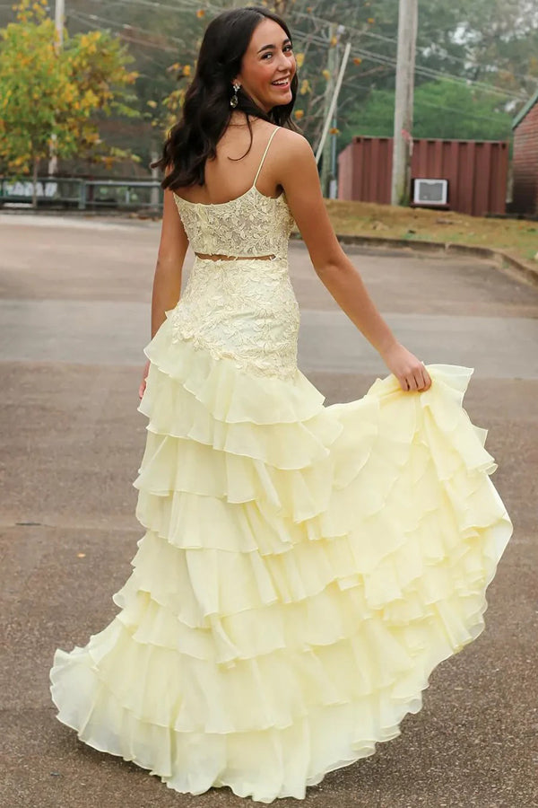 Spaghetti Straps A-Line Layered Yellow Prom Dress with Slit