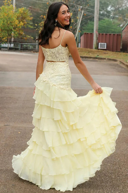 Spaghetti Straps A-Line Layered Yellow Prom Dress with Slit