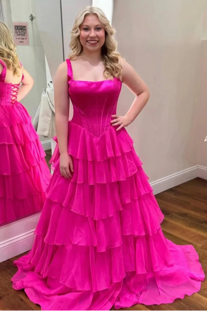 Spaghetti Straps A-Line Square Two Tone Tiered Party Prom Dress