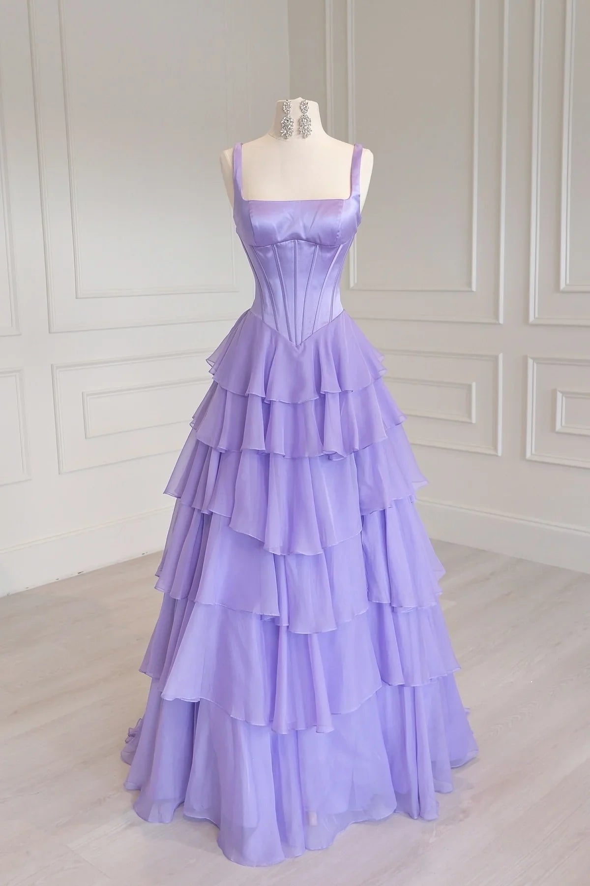 Spaghetti Straps A-Line Square Two Tone Tiered Party Prom Dress