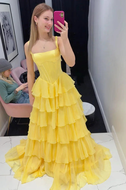 Spaghetti Straps A-Line Square Two Tone Tiered Party Prom Dress