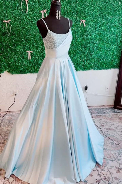 Spaghetti Straps Bateau Maxi Satin A-Line Party Prom Dress