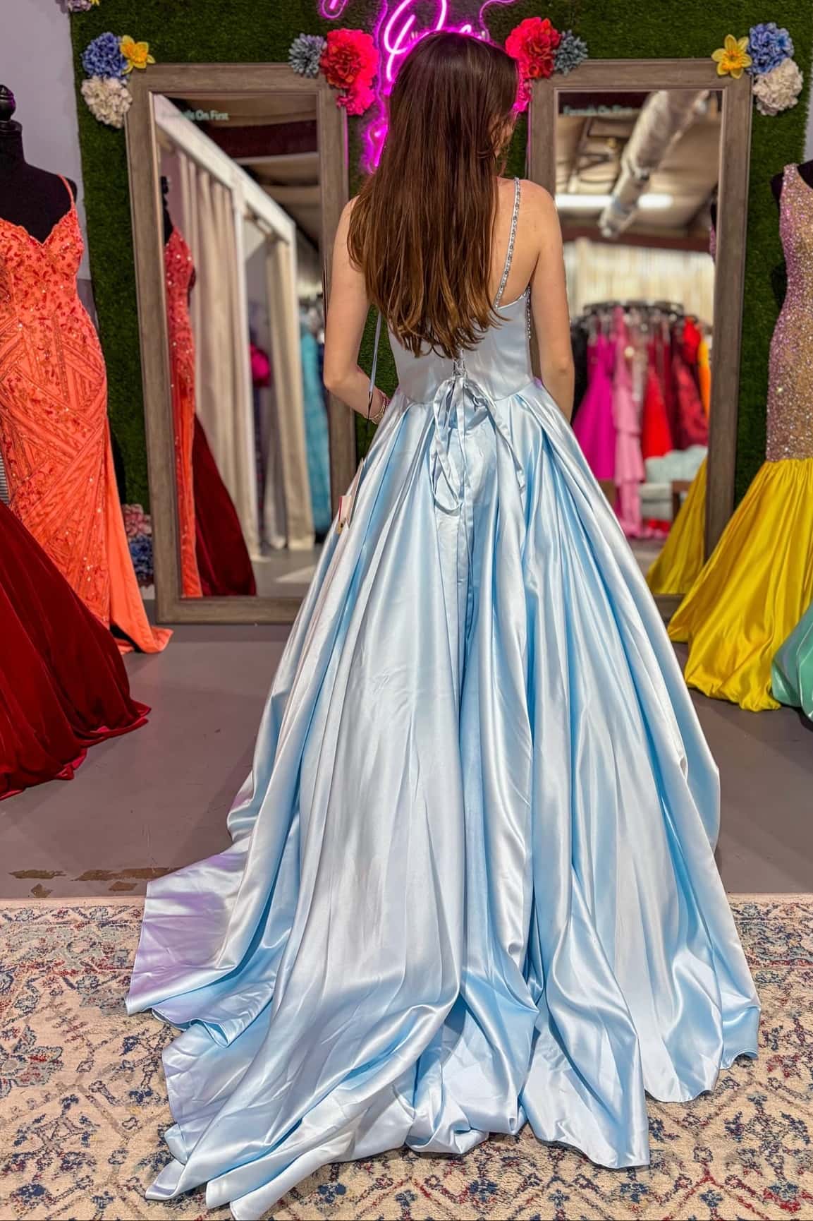 Spaghetti Straps Bateau Maxi Satin A-Line Party Prom Dress