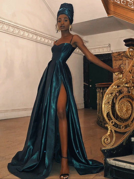 Spaghetti Straps Dark Green Long Prom Dress