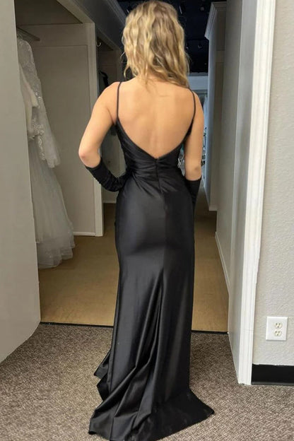 Spaghetti Straps Slit Mermaid Satin Pleated Black Prom Dress