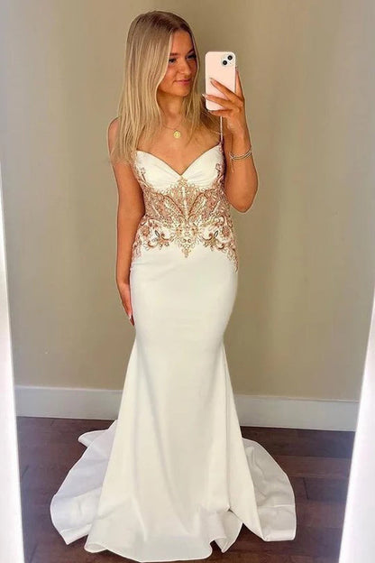 Spaghetti Straps V-Neck Appliques Mermaid White Prom Dress