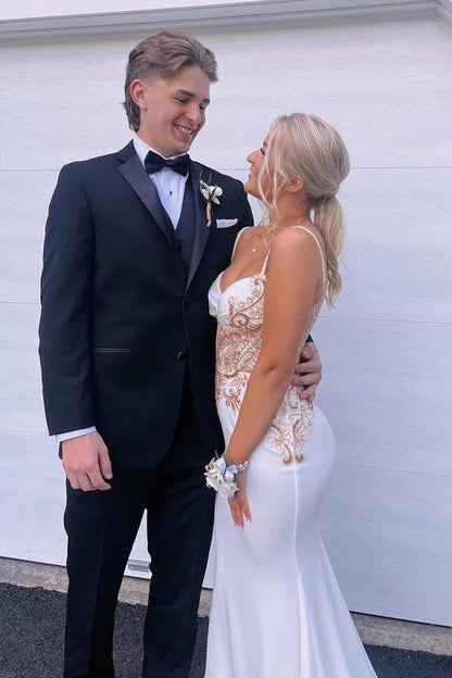 Spaghetti Straps V-Neck Appliques Mermaid White Prom Dress