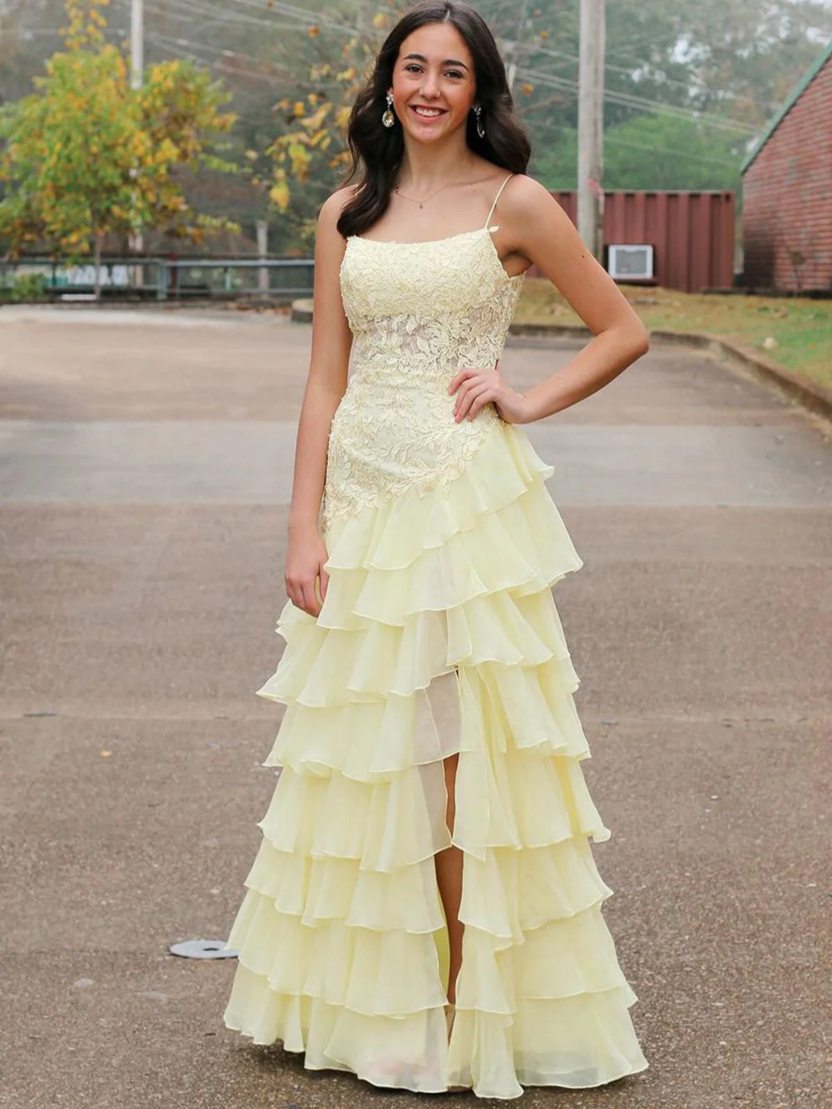 Spaghetti Straps Yellow Lace Layered Long Prom Dress