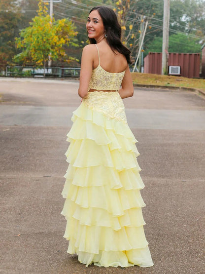 Spaghetti Straps Yellow Lace Layered Long Prom Dress