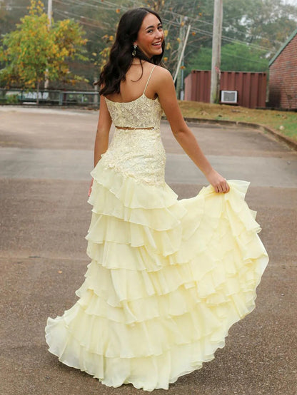 Spaghetti Straps Yellow Lace Layered Long Prom Dress
