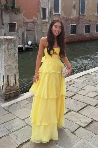 Spaghetti Straps Sweetheart Sleeveless Pleated Chiffon Long Tiered A-Line Prom Dress