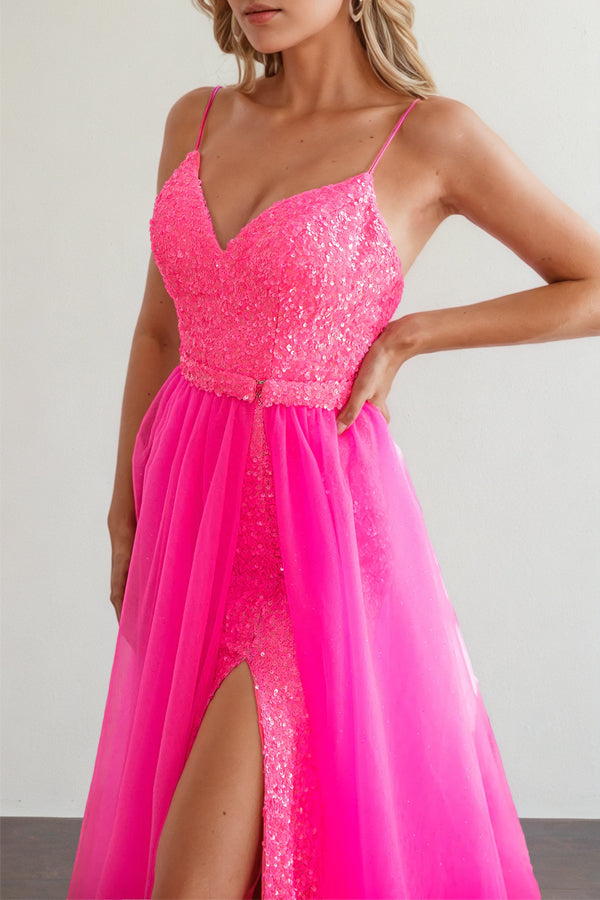 Spaghetti Straps Fuchsia Prom Dress Party Dress With Split
