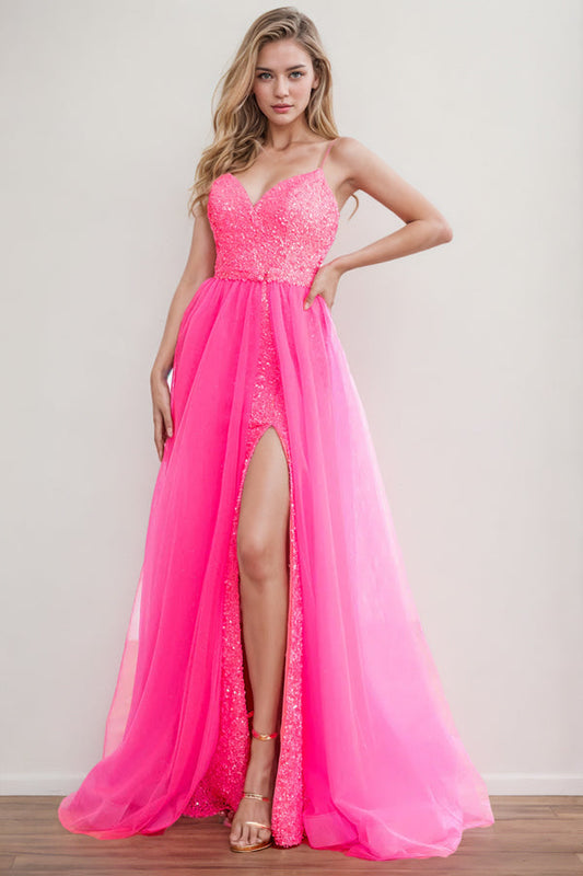 Spaghetti Straps Fuchsia Prom Dress Party Dress With Split