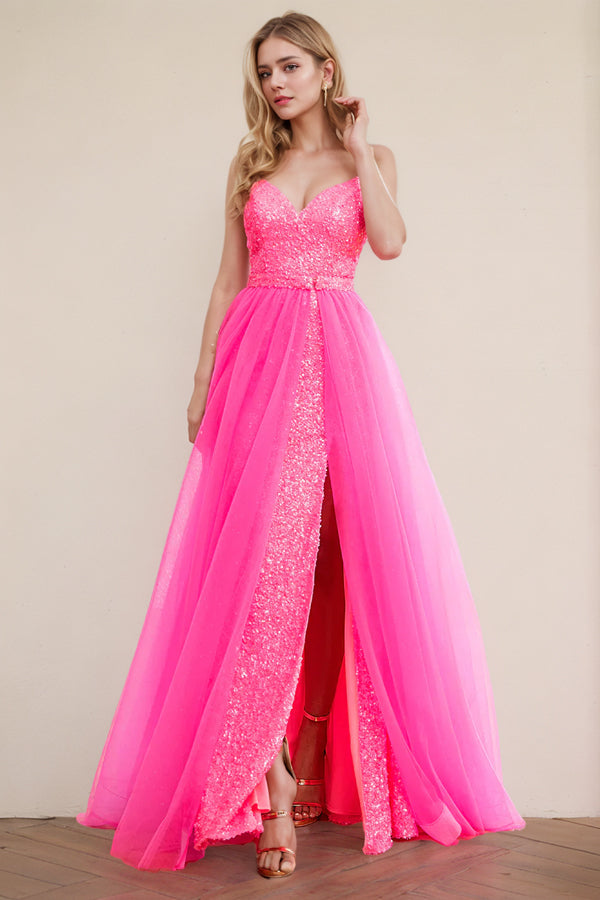 Spaghetti Straps Fuchsia Prom Dress Party Dress With Split