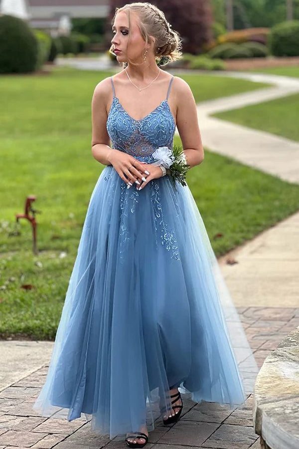 Spaghetti Straps V-Neck Ruffles Sleeveless Blue Prom Dress