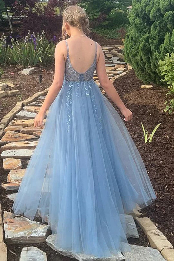 Spaghetti Straps V-Neck Ruffles Sleeveless Blue Prom Dress