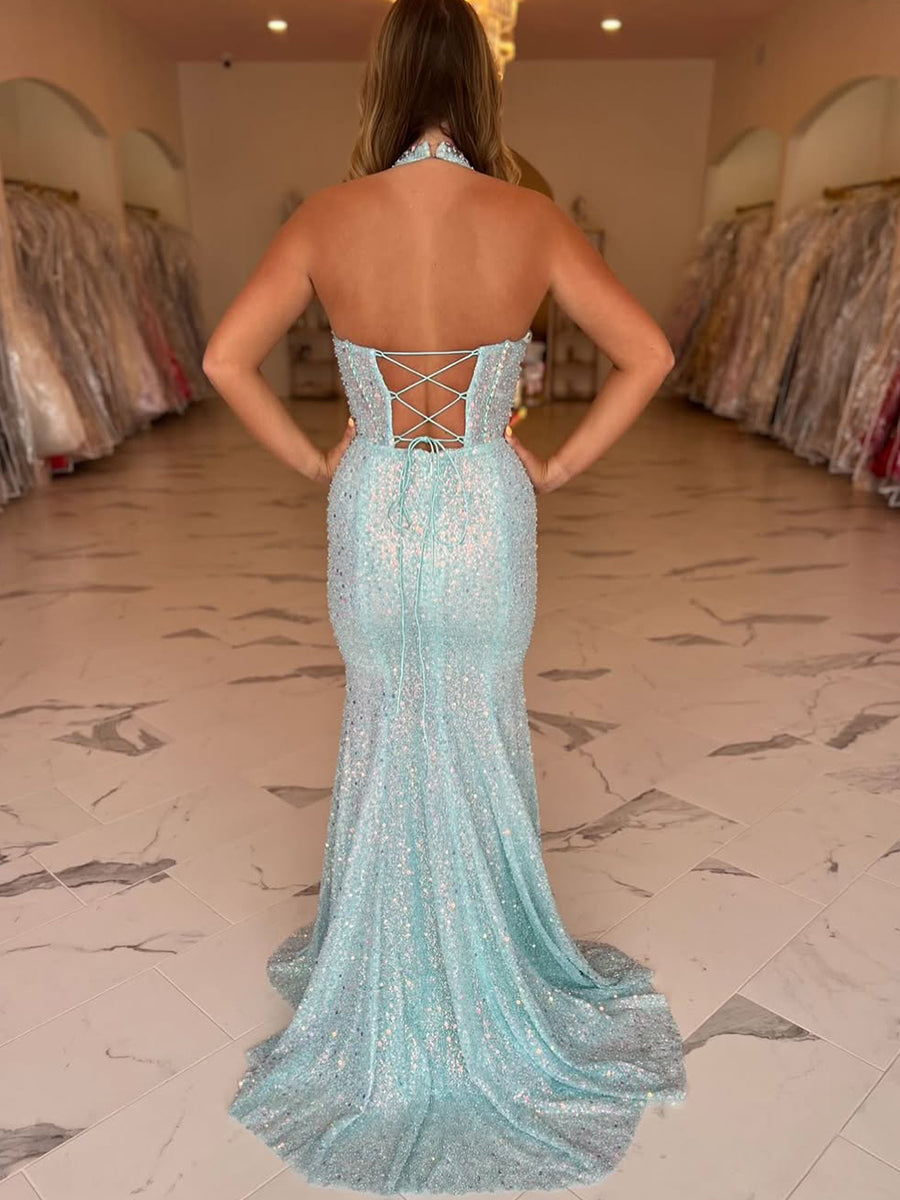 Sparkling Aqua Blue Crystal Halter Mermaid Long Prom Dress