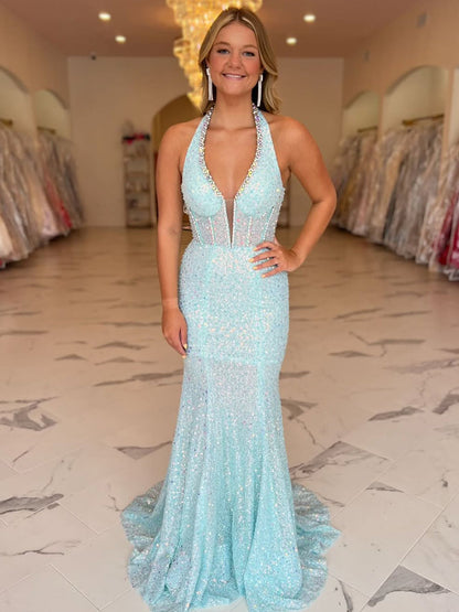 Sparkling Aqua Blue Crystal Halter Mermaid Long Prom Dress