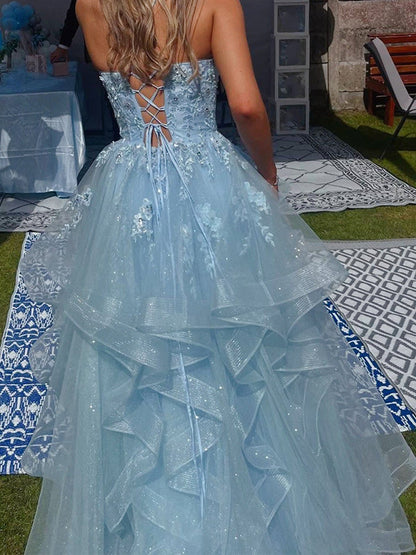 Sparkling Light Blue Floral Tiered Ruffle Long Prom Dress