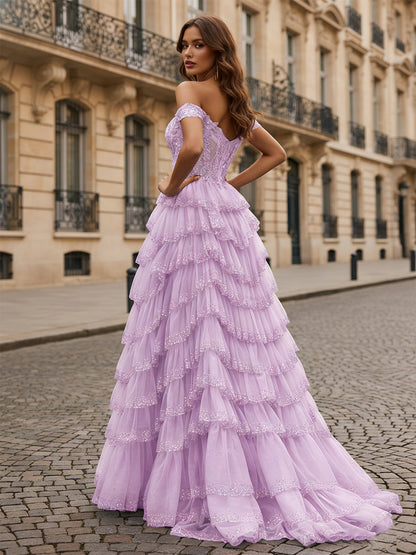Sparkling Royal Blue Off The Shoulder Tiered Ruffle Corset Prom Dress with Slit