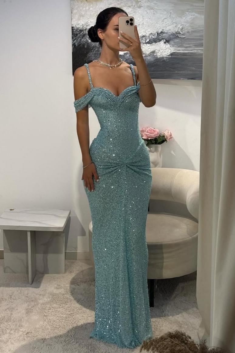 Sparkly Aqua Blue Off-Shoulder Long Beaded Prom Gown