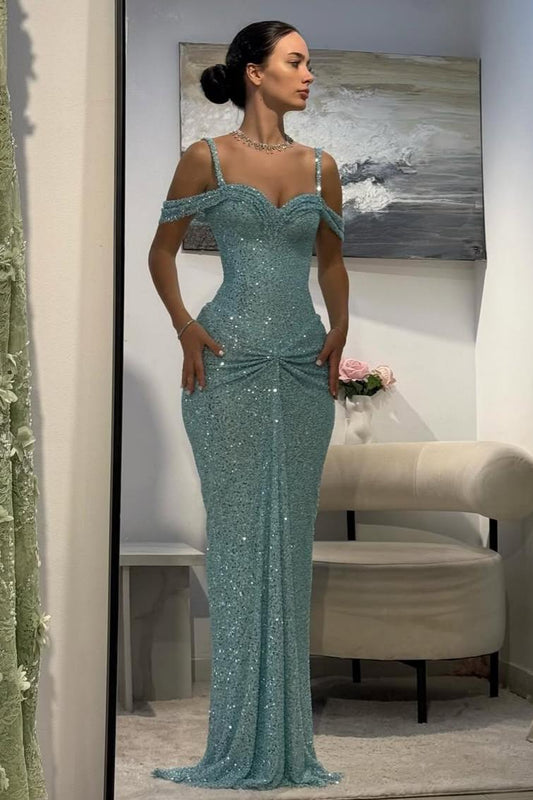 Sparkly Aqua Blue Off-Shoulder Long Beaded Prom Gown