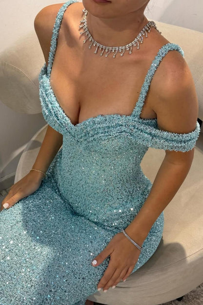 Sparkly Aqua Blue Off-Shoulder Long Beaded Prom Gown