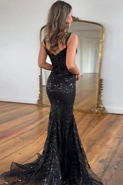 Sparkly Black Tulle Mermaid Off Shoulder Long Prom Dress