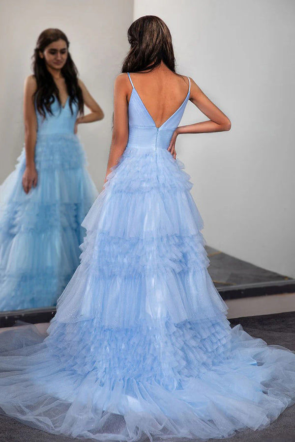 Sparkly Light Blue Tiered Tulle Long Prom Dress Party Dress