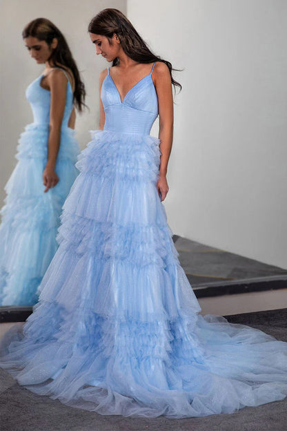 Sparkly Light Blue Tiered Tulle Long Prom Dress Party Dress