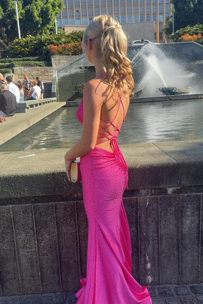 Sparkly Mermaid Spaghetti Straps Hot Pink Long Party Dress