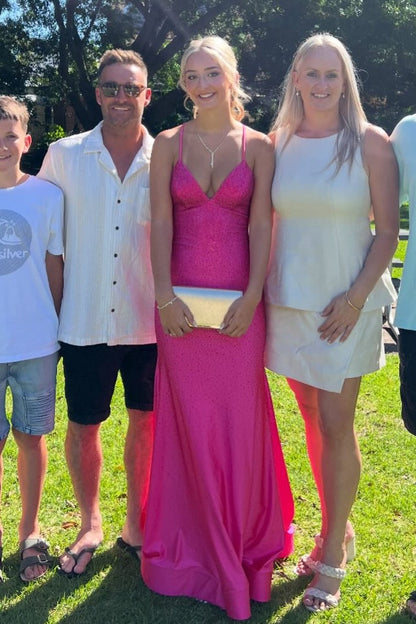 Sparkly Mermaid Spaghetti Straps Hot Pink Long Party Dress