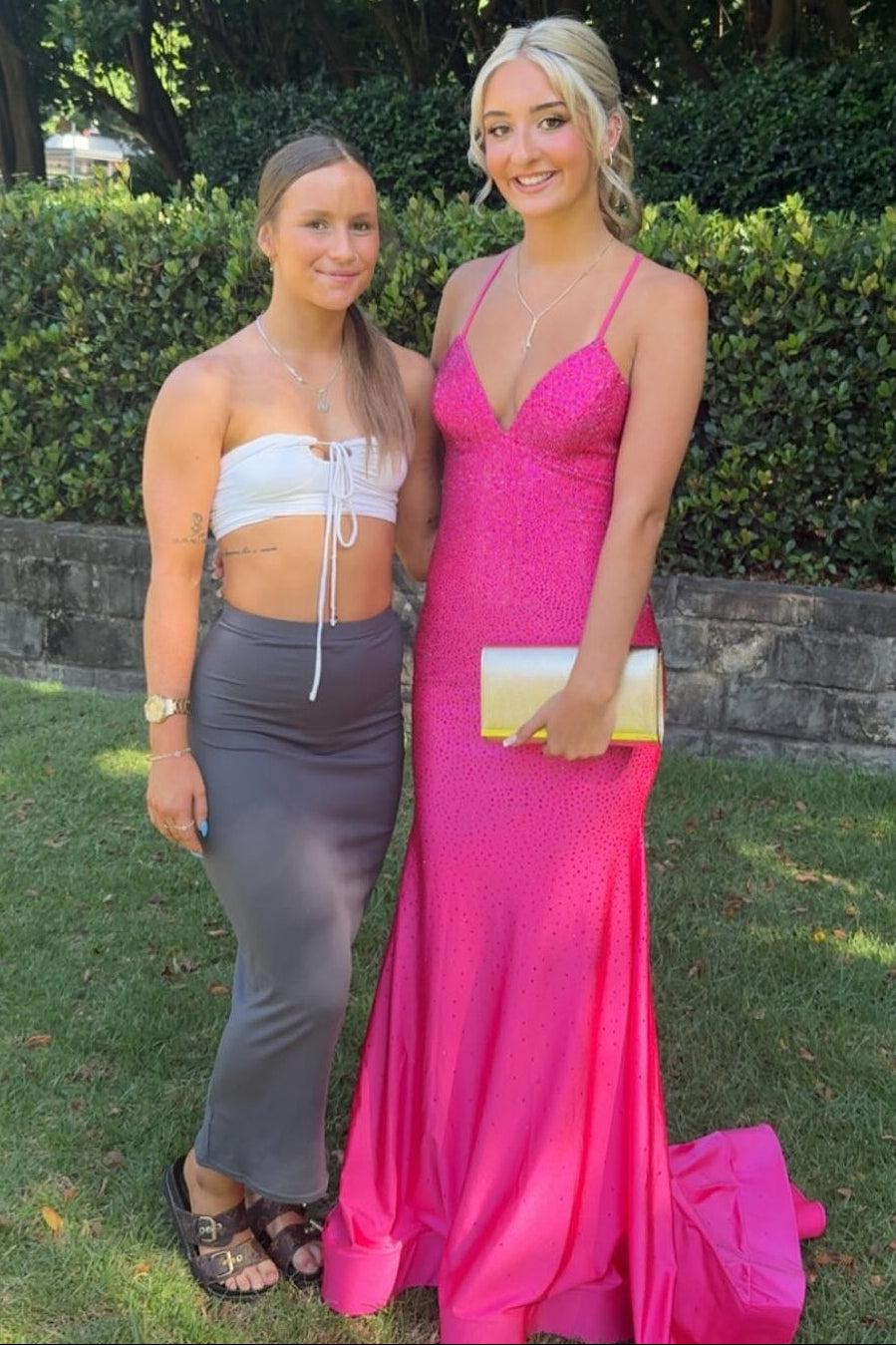 Sparkly Mermaid Spaghetti Straps Hot Pink Long Party Dress