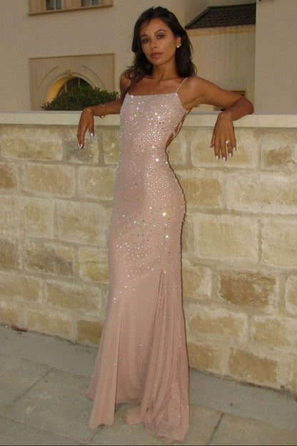 Sparkly Mermaid Spaghetti Straps Light Champagne Long Party Dress