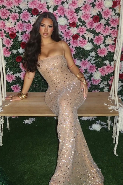 Sparkly Mermaid Spaghetti Straps Light Champagne Long Party Dress