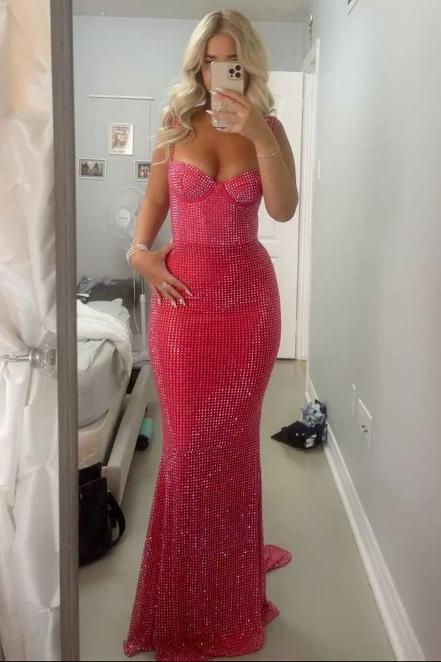 Sparkly Mermaid Sweetheart Red Long Prom Dress with Beading