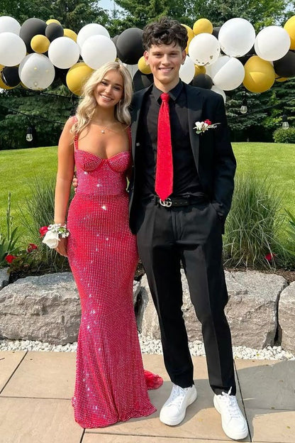Sparkly Mermaid Sweetheart Red Long Prom Dress with Beading