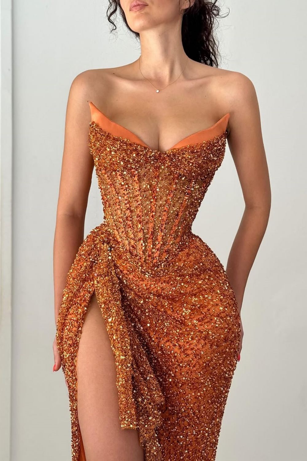 Sparkly Orange Mermaid Strapless Lace Up Long Sequin Party Dress