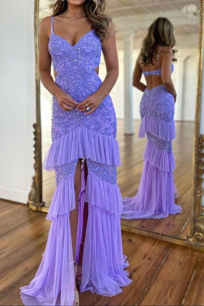 Sparkly Purple Mermaid Spaghetti Straps Long Tiered Prom Dress