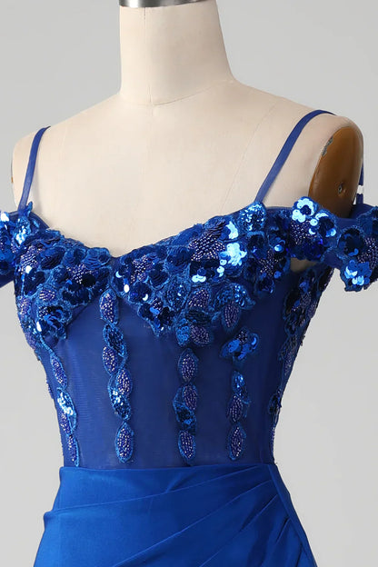 Sparkly Royal Blue Off The Shoulder Mermaid Long Prom Dress