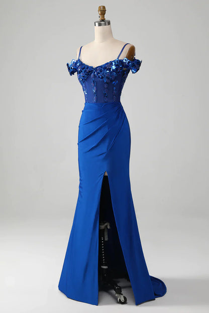 Sparkly Royal Blue Off The Shoulder Mermaid Long Prom Dress