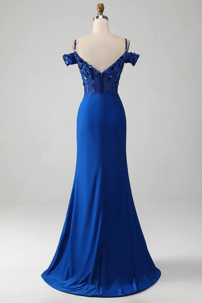 Sparkly Royal Blue Off The Shoulder Mermaid Long Prom Dress