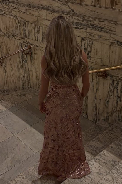 Sparkly Sheath Strapless Rose Pink Sequins Long Prom Dress with Slit