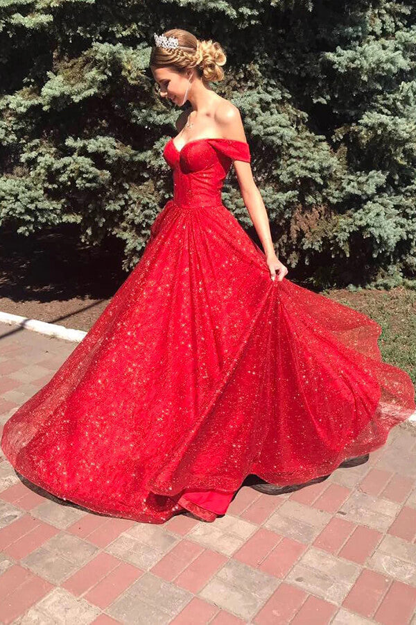 Sparkly Tulle Red A-line Off Shoulder Long Prom Dress