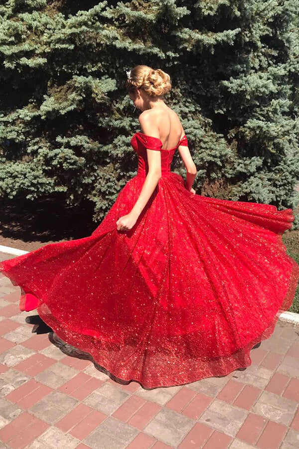 Sparkly Tulle Red A-line Off Shoulder Long Prom Dress