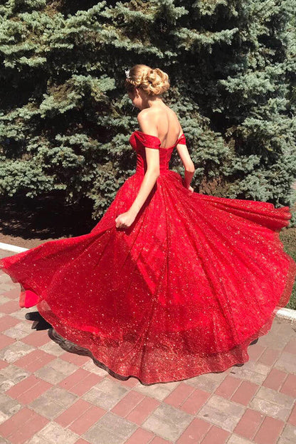 Sparkly Tulle Red A-line Off Shoulder Long Prom Dress