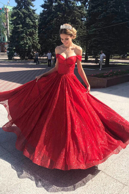 Sparkly Tulle Red A-line Off Shoulder Long Prom Dress