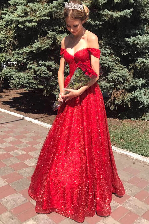 Sparkly Tulle Red A-line Off Shoulder Long Prom Dress