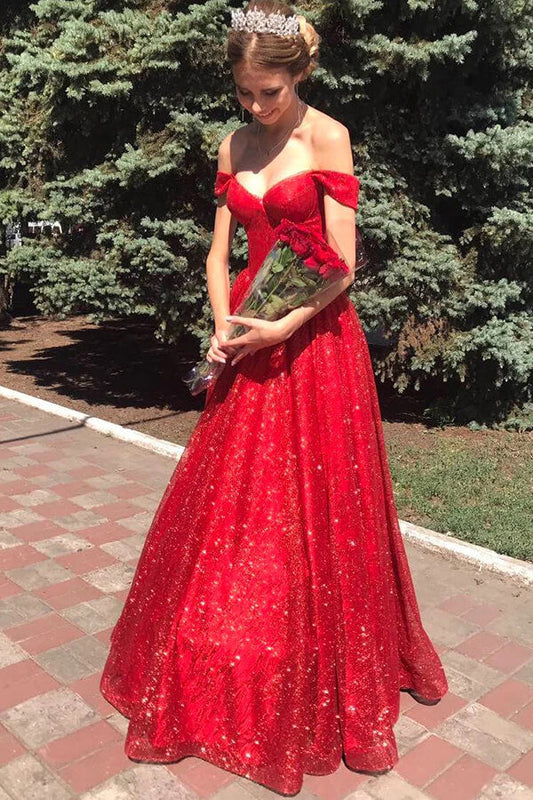 Sparkly Tulle Red A-line Off Shoulder Long Prom Dress